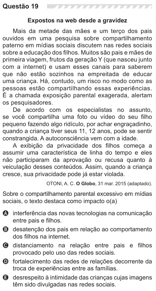 ENEM 2019 - questão 19: enunciado e alternativas no caderno oficial