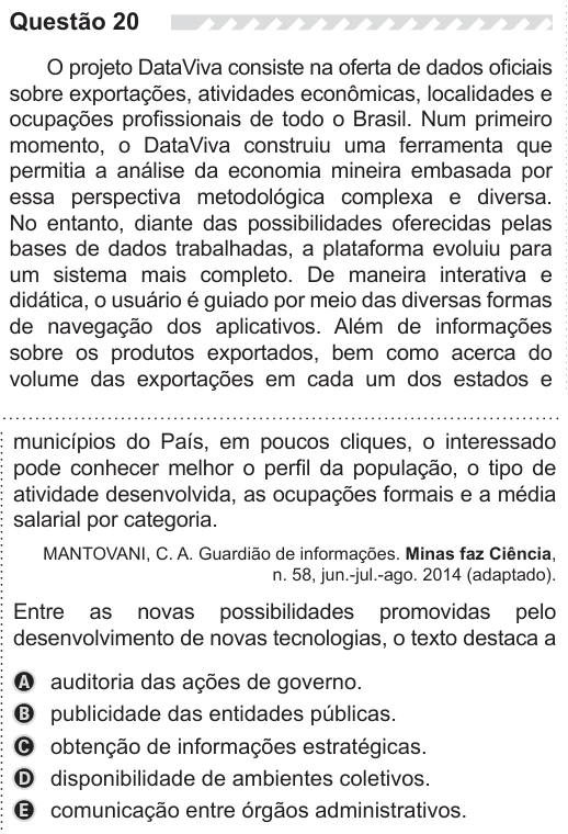 ENEM 2019 - questão 20: enunciado e alternativas no caderno oficial