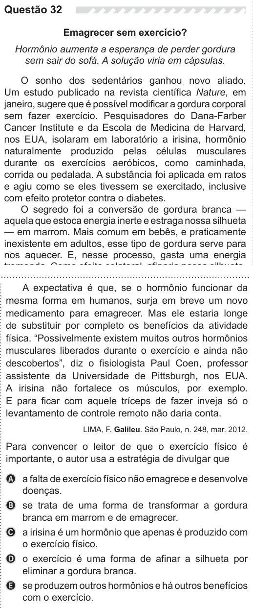 ENEM 2019 - questão 32: enunciado e alternativas no caderno oficial