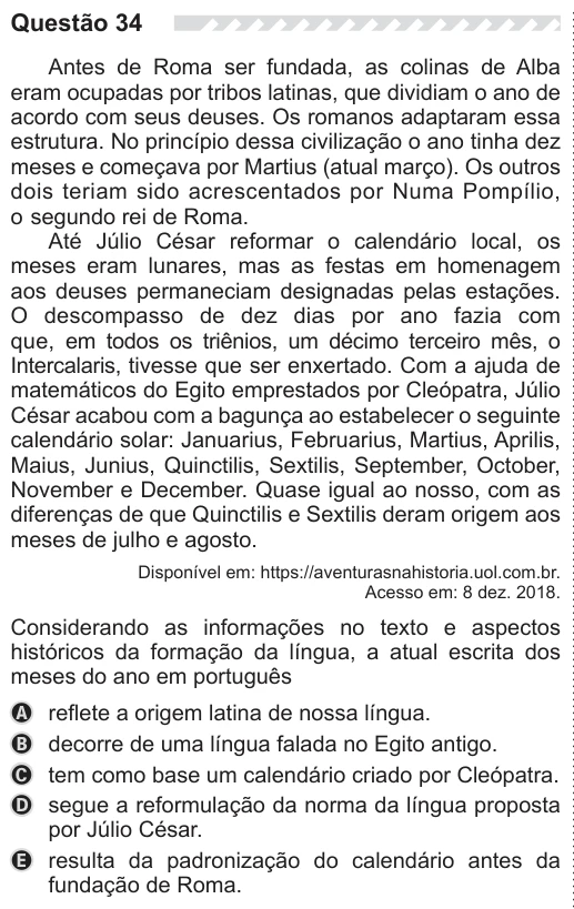 ENEM 2019 - questão 34: enunciado e alternativas no caderno oficial