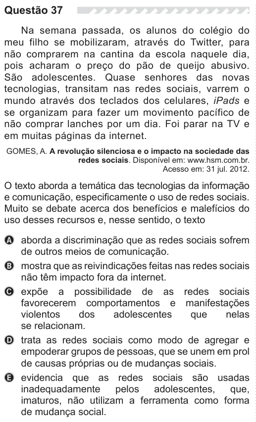 ENEM 2019 - questão 37: enunciado e alternativas no caderno oficial