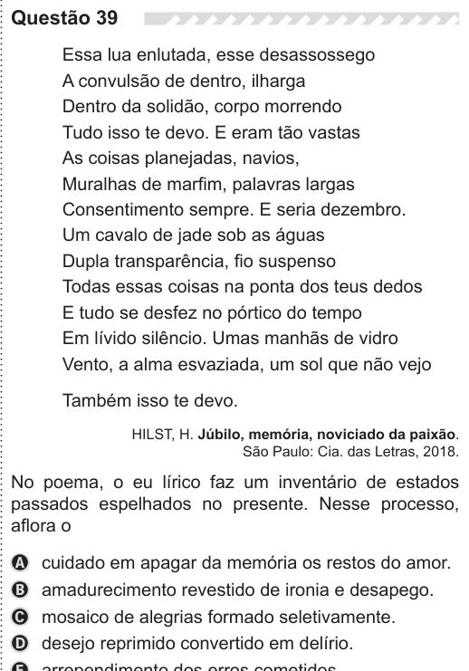 ENEM 2019 - questão 39: enunciado e alternativas no caderno oficial