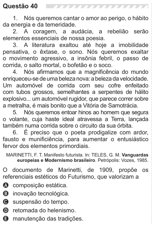 ENEM 2019 - questão 40: enunciado e alternativas no caderno oficial
