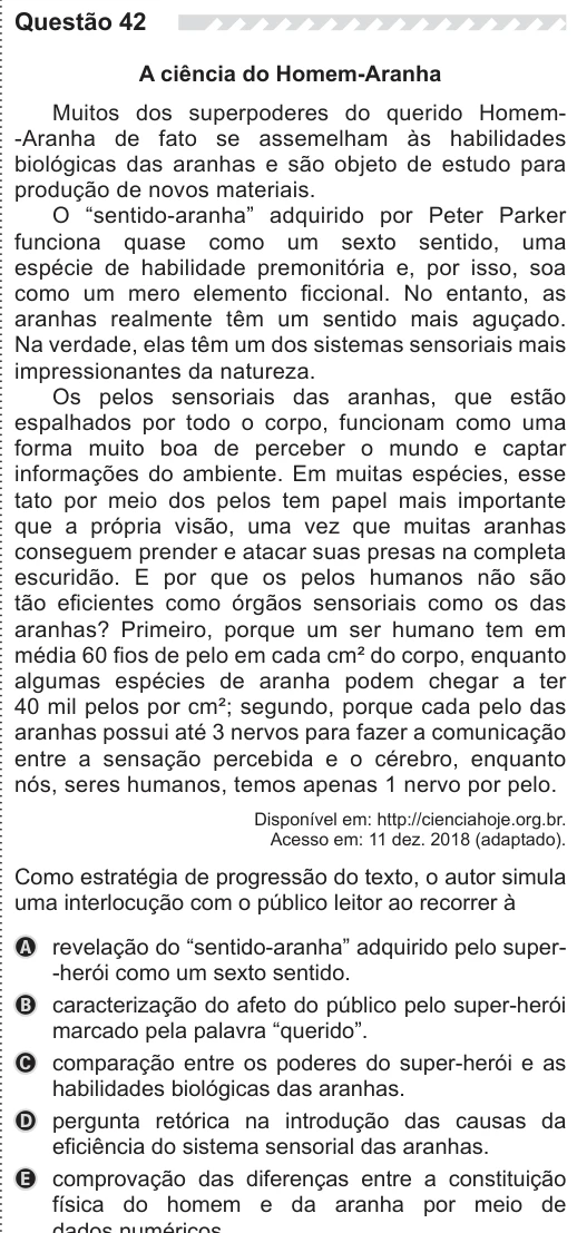 ENEM 2019 - questão 42: enunciado e alternativas no caderno oficial