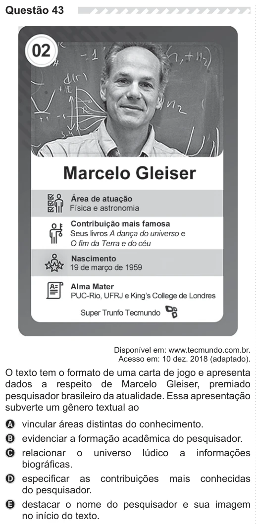 ENEM 2019 - questão 43: enunciado e alternativas no caderno oficial