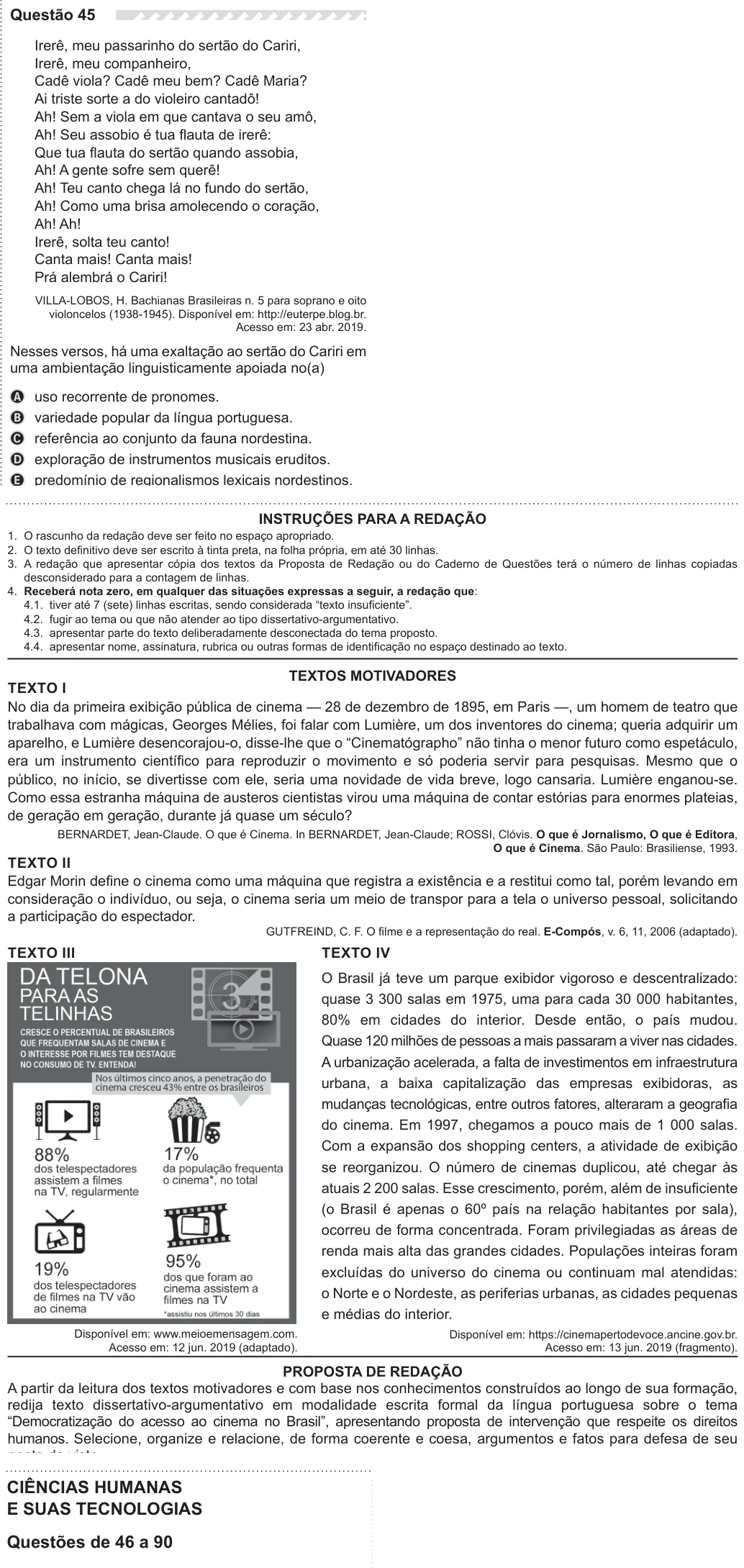 ENEM 2019 - questão 45: enunciado e alternativas no caderno oficial