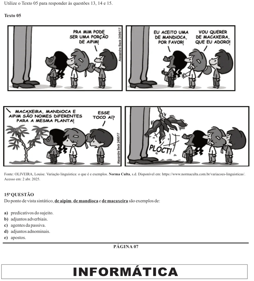Nova Palmeira 2025 · AGENTE ADMINISTRATIVO · questão 15: enunciado e alternativas no caderno oficial